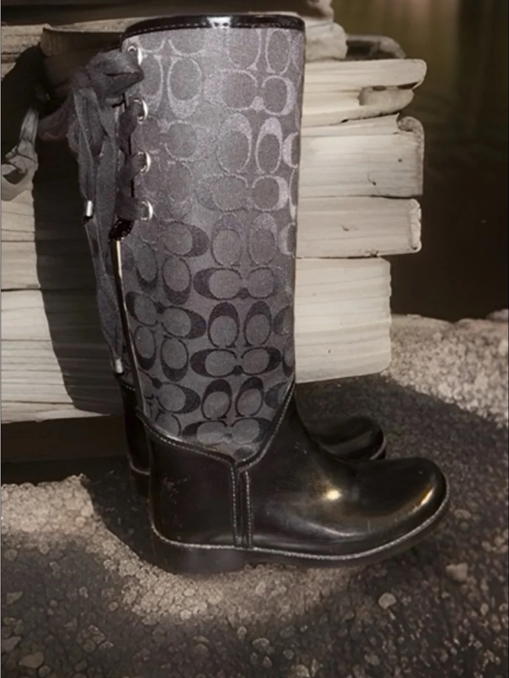 Coach Tristee Signature C Tall Lace-Up Rain Boots in Black & Gray, Women’s size